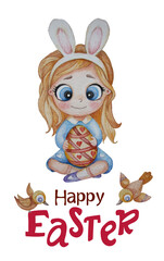 Easter bunny woman. A cute girl in a blue dress with long white hair and bunny ears on her head. She is holding a Easter egg. Vertical postcard with the text Happy Easter. Watercolor. White background