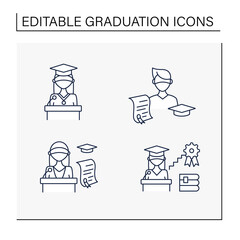 Graduation line icons set. Professional development. Academic career, undergraduate student, graduation speech, ceremony. Studying concept. Isolated vector illustrations.Editable stroke