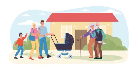 Cartoon flat happy family characters with baby carriage meet grandparents.Mom dad kid meeting with grandpa grandma outdoors-emotions,relationships,healthy family web online banner social concept