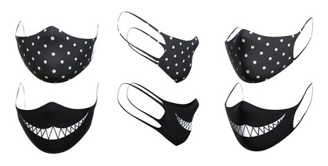Black personalized masks isolated on white background. Protection against covid Coronavirus 19.