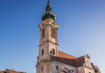 Fototapeta na wymiar Tower of church in Hainburg an der Donau town in the Austrian state of Lower Austria