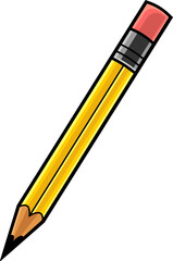 Cartoon Yellow Pencil. Vector Hand Drawn Illustration Isolated On Transparent Background
