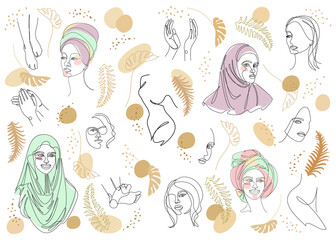 Collection. Silhouettes of the girl's head. Lady in a turban, scarf. Woman face in modern one line style. Solid line, contour for decor, posters, stickers, logo. Vector illustration set.