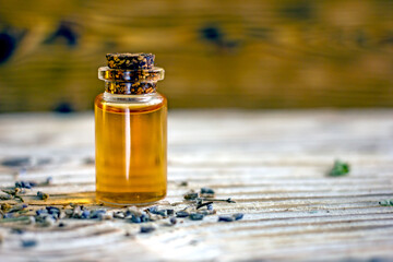  Aromatherapy yellow essential oil bottle, copy space