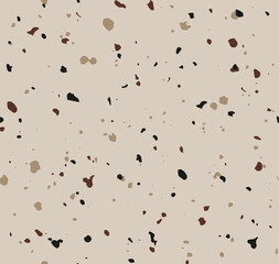 Seamless pattern of terrazzo texture, isolated on a beige background. Abstract pattern in black and beige colors. Trendy background for web and print design.