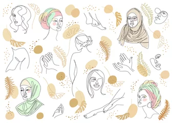 Tuinposter Collection. Silhouettes of the girl's head. Lady in a turban, scarf. Woman face in modern one line style. Solid line, contour for decor, posters, stickers, logo. Vector illustration set. © Nataliia