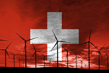 Switzerland flag wind farm at sunset, sustainable development, renewable energy