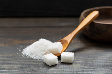 White, crystalline granulated sugar and white cube sugar.  Sugar is a harmful food to the body. Excessive consumption reveals diabetes and accelerates weight gain. 