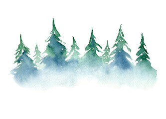 Watercolor background with coniferous trees forest