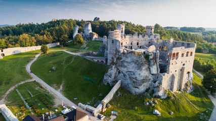 Ogrodzieniec ruins of a medieval castle. Czestochowa region, Poland. Medieval castle ruins located in Ogrodzieniec, Poland. Aerial view. © Konrad Kerker