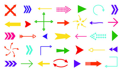 Color flat arrow icons set isolated on white background. Different shape pointer collection. Simple cursor symbol for graphic design, mobile apps, web interface. Up, down, left, right direction sign