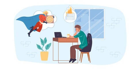 Cartoon flat employee character at work stress scene.Frustrated burnout tired man at desk workplace dreams of pizza superman-productivity,work stress situation,time management web site banner concept