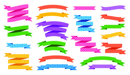 Obraz premium Set of colorful vintage ribbons with pattern isolated on white. Retro ribbon banner in modern simple flat design. Design elements for decor postcards wedding invitation, discount promo, greeting card
