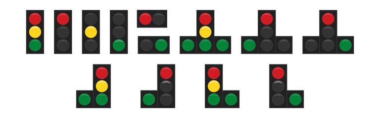  Set of street traffic light lamp .Traffic lights illustration. Vector icons on white background. Red green and yellow signal.
