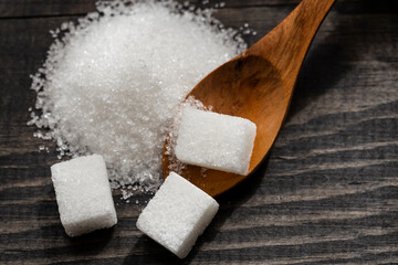 White, crystalline granulated sugar and white cube sugar.  Sugar is a harmful food to the body. Excessive consumption reveals diabetes and accelerates weight gain. 