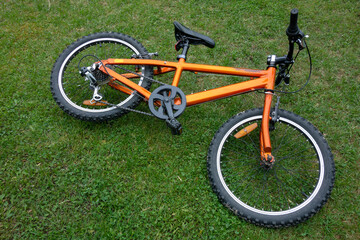 Fototapeta na wymiar A teenage two-wheeled bicycle in orange color on the green grass.
