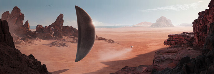 SCI-FI in the desert with a monolith-shaped spaceship (alien) resting on the surface of the desert and another small ship heading towards the horizon