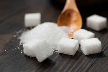 White, crystalline granulated sugar and white cube sugar.  Sugar is a harmful food to the body. Excessive consumption reveals diabetes and accelerates weight gain. 