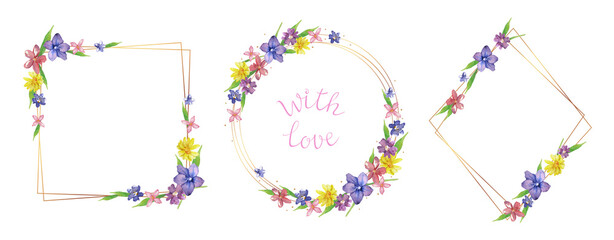 Set of vector frames with spring flowers. Collection of borders with watercolor flowers of different colors for your design. Isolated on white background