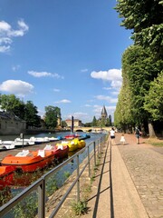 Metz, France - August 29, 2019: The Moselle river in a sunny day in Metz