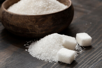 White, crystalline granulated sugar and white cube sugar.  Sugar is a harmful food to the body. Excessive consumption reveals diabetes and accelerates weight gain. 