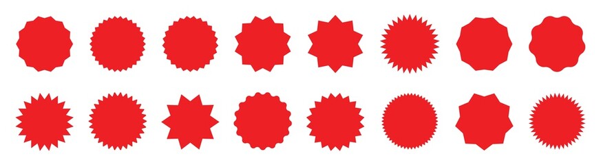 Collection of red stickers. Different shop label shapes. Vector badge set. Vector isolated on white