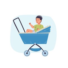 Cartoon flat baby character on abstract background.Little child person sitting in baby's carriage - kids fashion, web online banner design, social concept