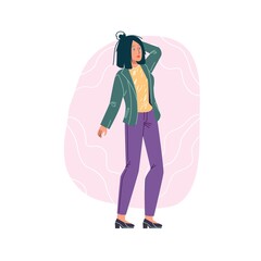 Cartoon flat woman character stands on floral background.Young stylish girl standing,posing - web online banner design,social concept