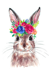 Cute little bunny with flower wreath, painted with watercolors. Easter