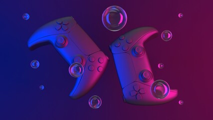 Abstract game controllers, transparent soap bubbles with reflections. Retro neon game controllers. Gamepads for games. Sci-fi Cyber futuristic purple-blue joystick. Game adventure. Virtual reality © MIKHAIL