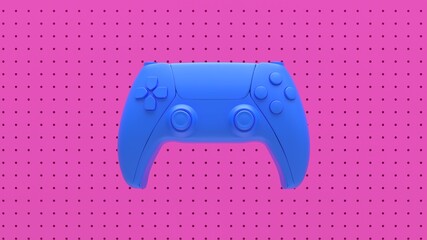 Blue standard videogame controller on a pink background with dots and holes. Blue game joystick. Gamepad for game console. 3d rendering