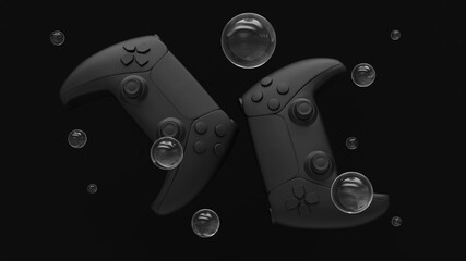 Abstract game controllers, transparent soap bubbles with reflections. Black controllers with matte reflections. Gamepads for games. Sci-fi cyber futuristic background. Game adventure. Virtual reality