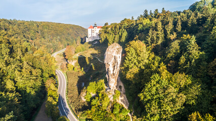 Limestone cliff Pieskowa Skala near Krakow, Poland, with isolated rock 