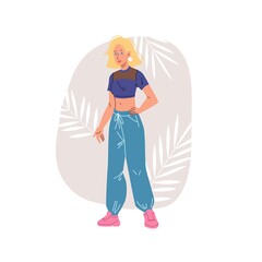 Cartoon flat woman character stands on floral background.Young stylish sport girl standing,posing - web online banner design,social concept