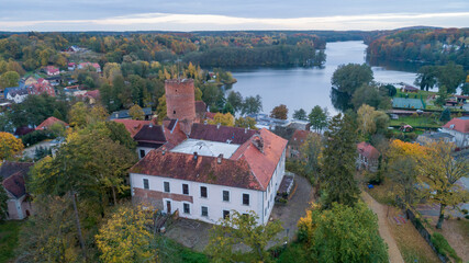 Panorama of the city of Łagów and Łagowskie Lake in Poland. View of the Castle of the Knights Hospitaller.