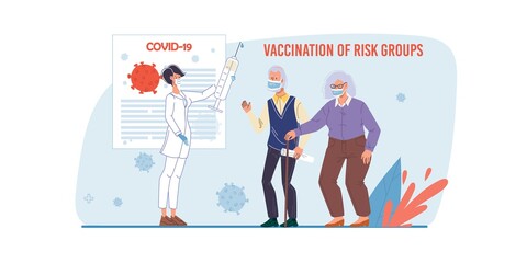 Vector cartoon flat patient elderly characters in face masks waits vaccination of risk groups,doctor with syringe-coronavirus covid infection prevention,diagnostics,treatment,therapy medical concept