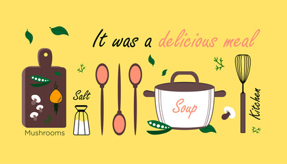 Kitchen Items On A Yellow Background. Delicious Vegetarian Food. Illustration For The Kitchen About Tasty And Healthy Food.