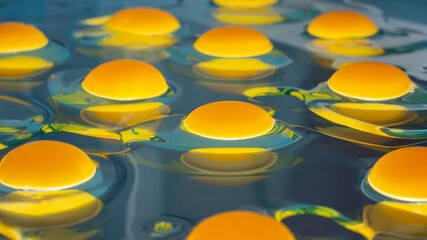 Egg yolks on blue background close up.