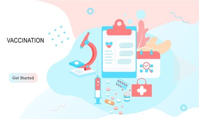 Obraz na płótnie Canvas Landing page of vaccination website. Immunization campaign. Health care and protection. Isometric medical treatment. Flat vector illustration for wallpaper, banner, background, card, book illustration