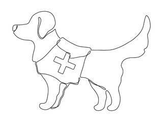 Hand drawn service dog golden retriever. Assisted therapy. Emotional support animal emblem health care. Continuous line drawing for landing page isolated on white. Vector illustration one line art.