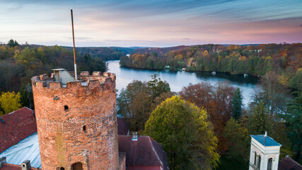 Panorama of the city of Łagów and Łagowskie Lake in Poland. View of the Castle of the Knights Hospitaller.