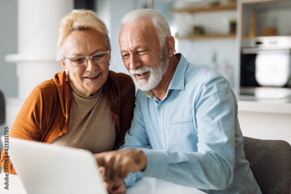 Wall mural Happy mature couple using laptop at home