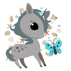 Naklejka premium Little baby unicorn. Isolated object on a white background. Cheerful kind animal child. Cartoons flat style. Funny. Vector