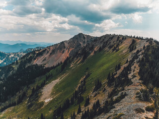 USA, Washington State, Pierce County, Crystal Mountain Resort. Aerial of 'Throne' peak and ridgeline during summer.