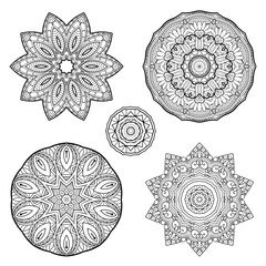 Vector Monochrome Set of Mandalas. Round Abstract Objects Isolated On White Background. Ethnic Decorative Element