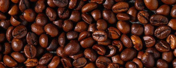 Roasted brown coffee beans. Top view. Coffee background texture. Banner.