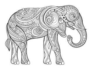 Vector Decorative Monochrome Elephant. Animal Isolated On White Background. For Coloring Book