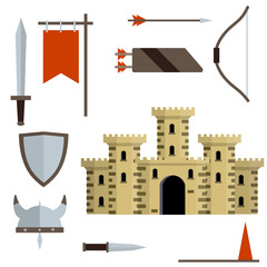 Naklejka premium Medieval set of item. European castle with tower, shield, sword, red flag, tournament, arrow, bow, quiver, helmet of Viking. Historical subject. Cartoon flat illustration. Old armor and knight weapons