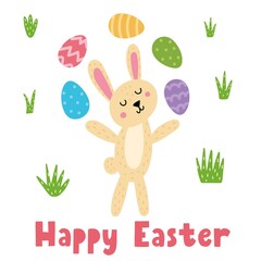 Happy Easter greeting card with a cute bunny juggling eggs. Springtime cute bunny print in cartoon style. Vector illustration