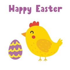 Happy Easter greeting card with a cute chick and egg. Springtime cute chicken print in cartoon style. Vector illustration